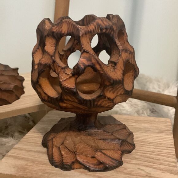 Vintage Wooden Brutalist Style Candle Holders Set Of Three Retro - Picture 6 of 16